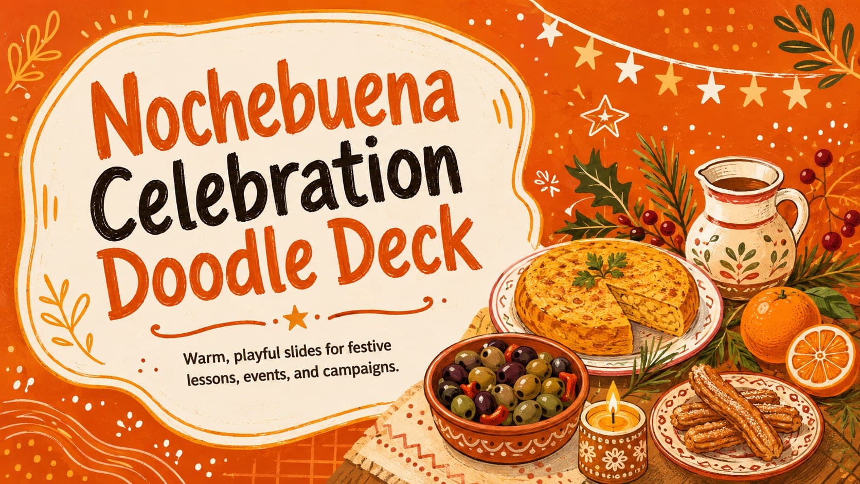Cover of the Nochebuena Celebration Doodle Deck with orange holiday illustrations and festive typography.
