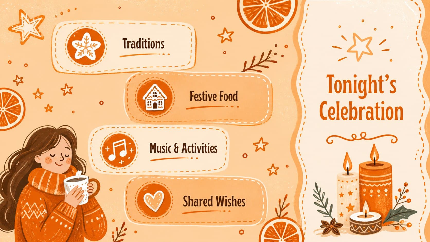 Orange illustrated agenda slide for a Nochebuena celebration presentation.