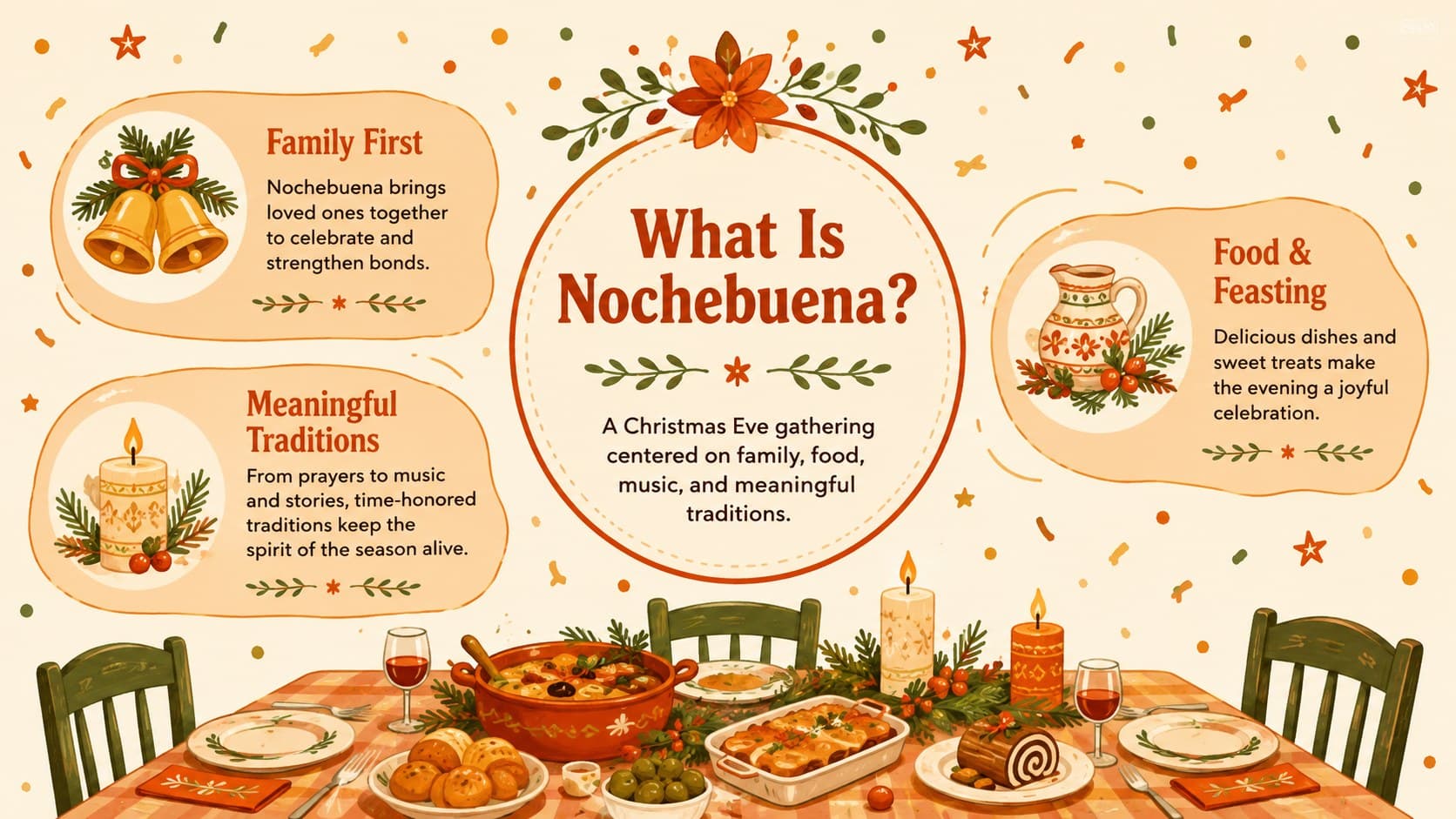 Spanish Christmas Eve traditions slide featuring playful orange doodles and cultural facts.