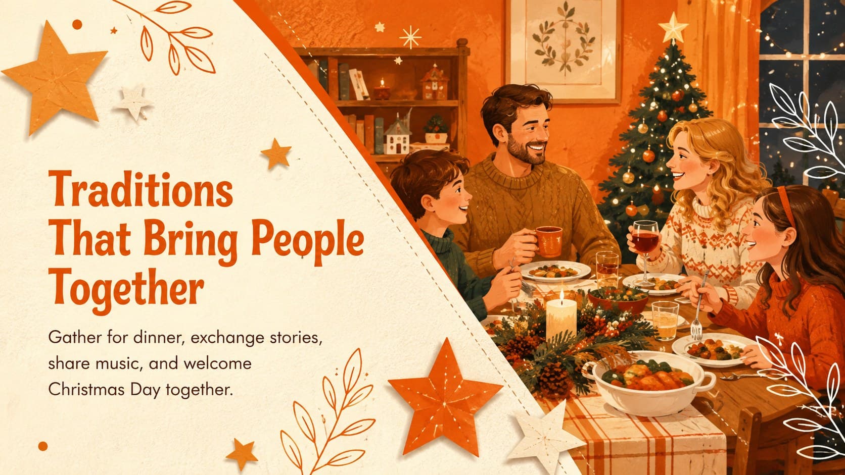 Festive family traditions slide from an illustrated Spanish holiday deck.