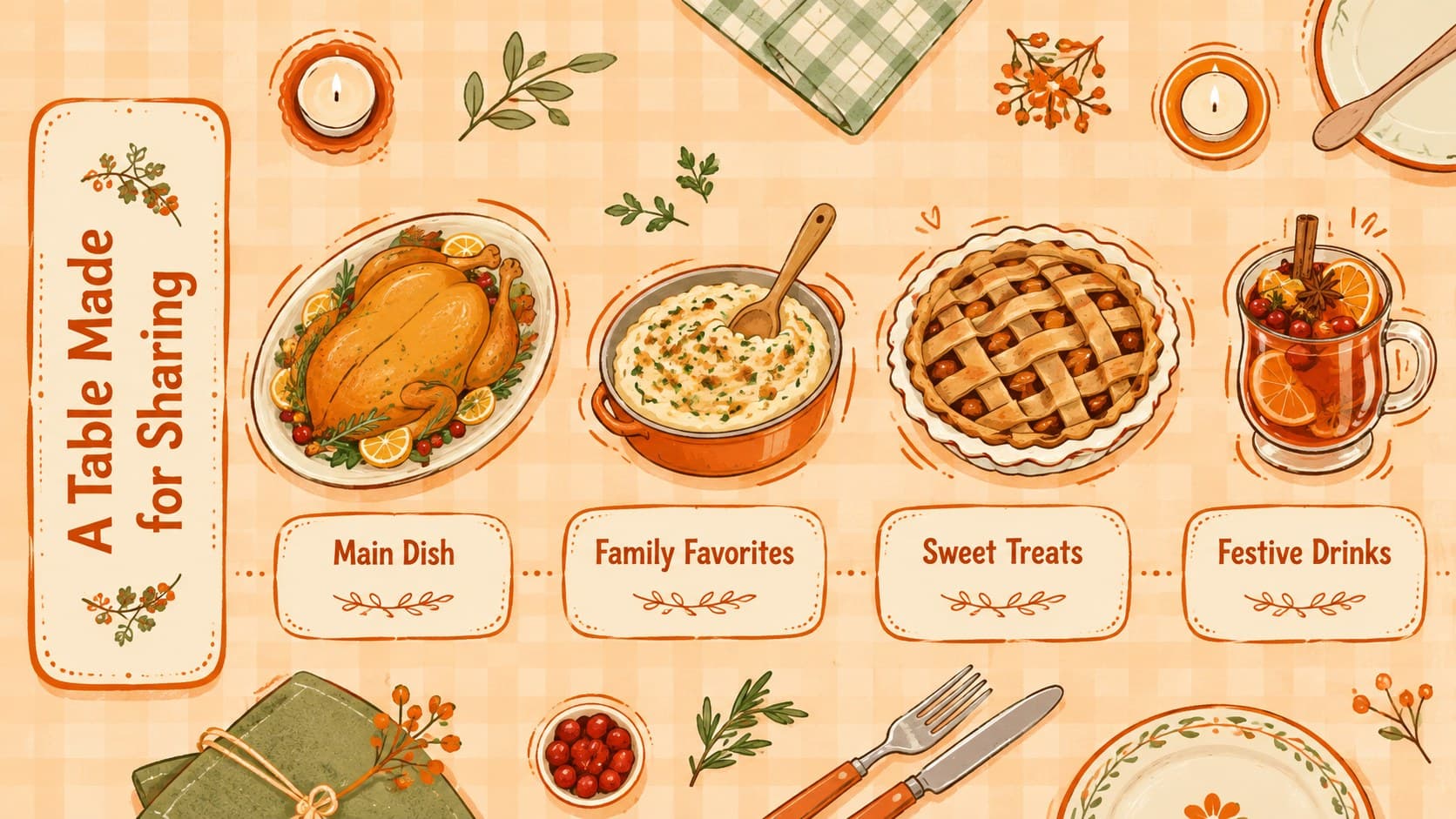 Nochebuena feast menu slide with illustrated holiday dishes on an orange background.