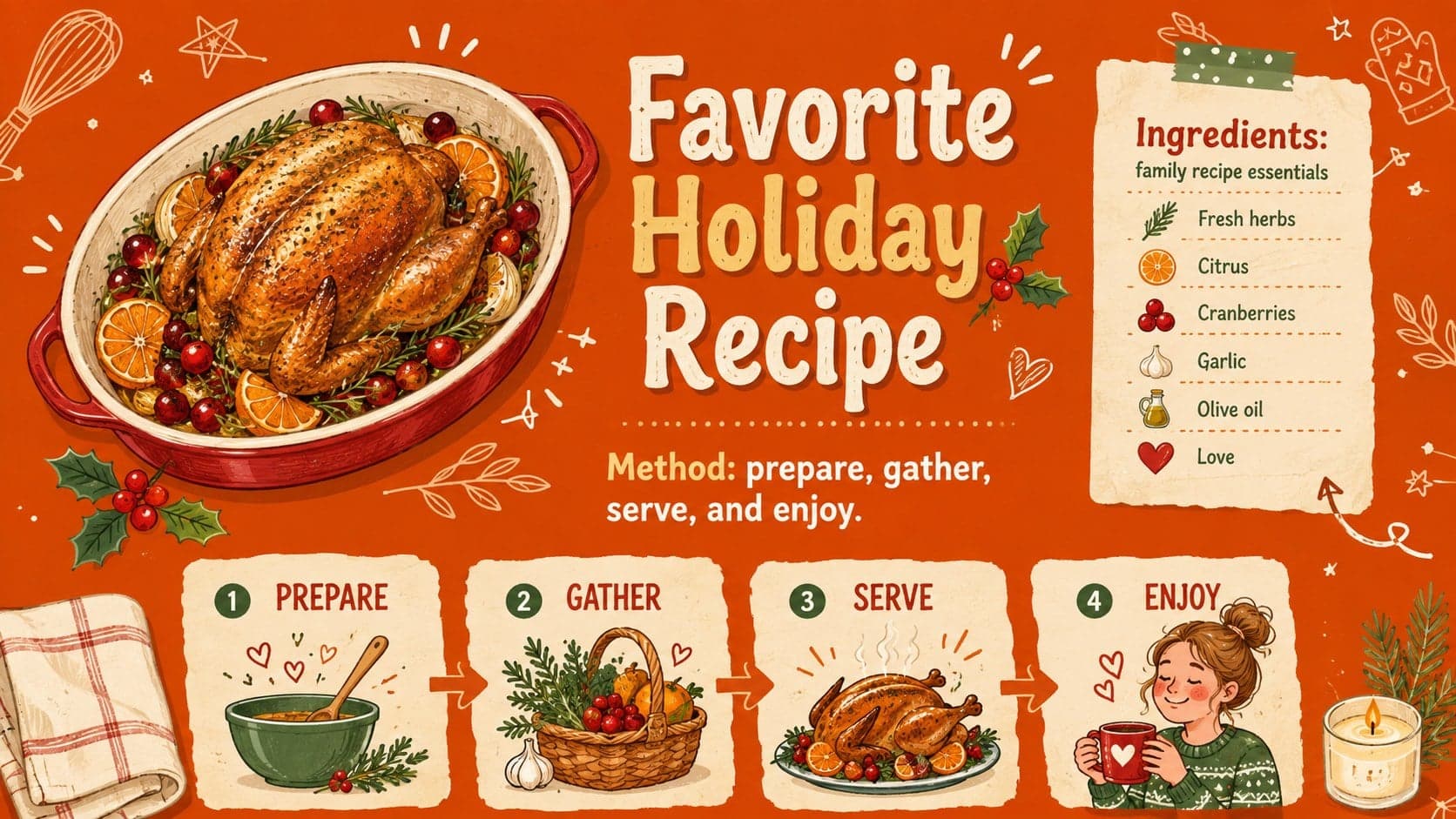 Holiday recipe feature slide with orange doodles and a clear ingredient layout.