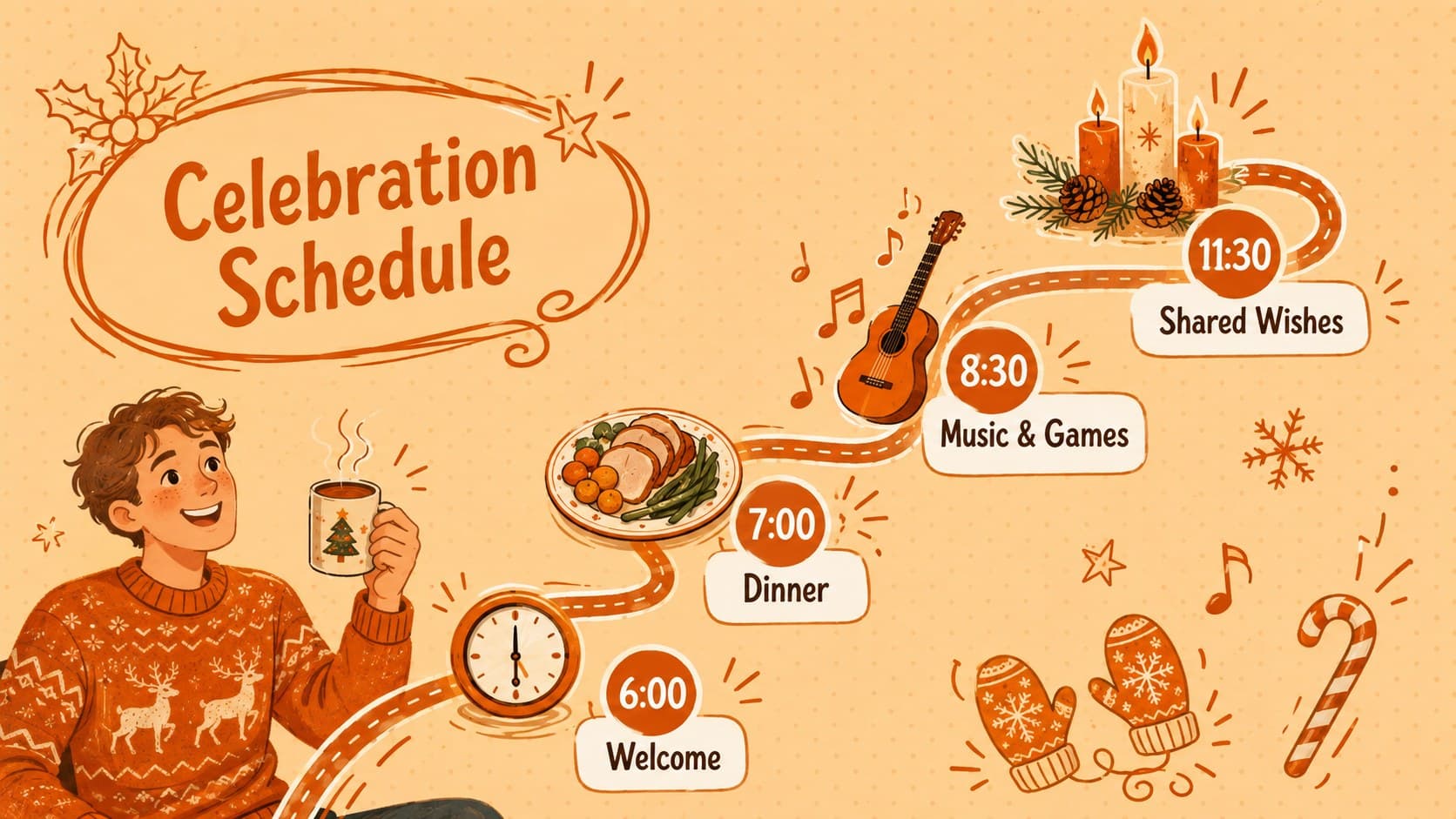 Christmas Eve event schedule slide in a warm orange doodle presentation style.