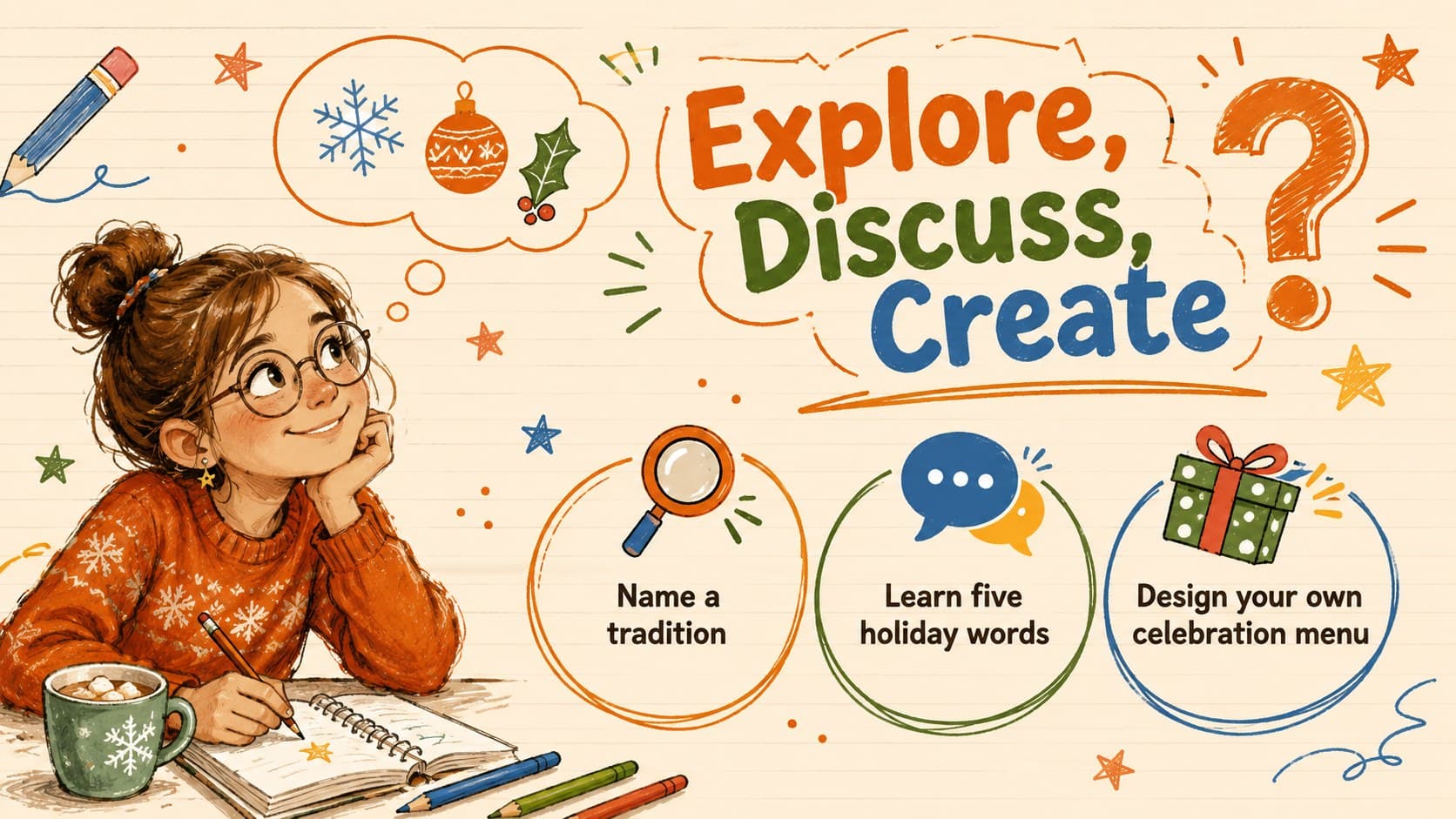 Classroom activity slide for learning about Nochebuena customs and vocabulary.