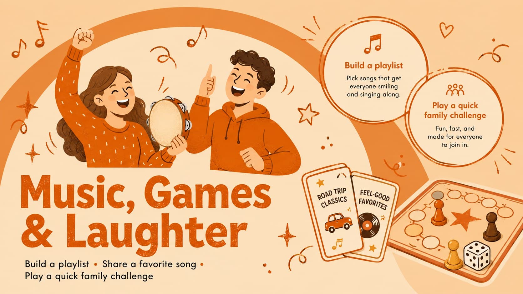 Nochebuena music and games slide with colorful hand-drawn festive graphics.