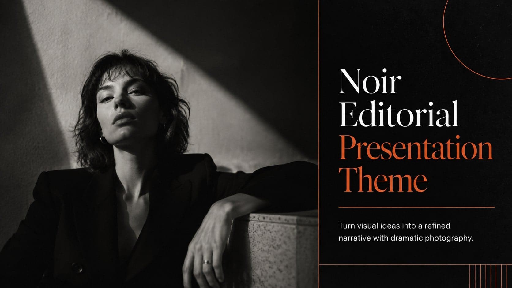 Cover of the Noir Editorial Presentation Theme with dramatic monochrome photography and a vivid orange accent.