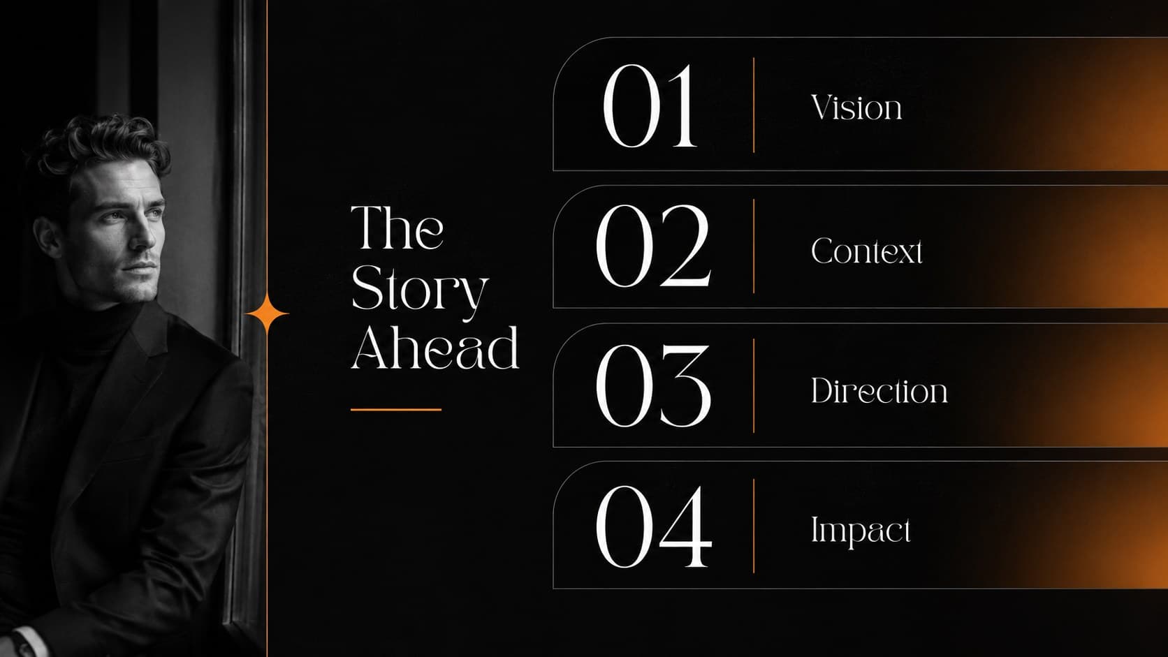 Editorial agenda slide outlining the sections of a dark minimalist PowerPoint theme.
