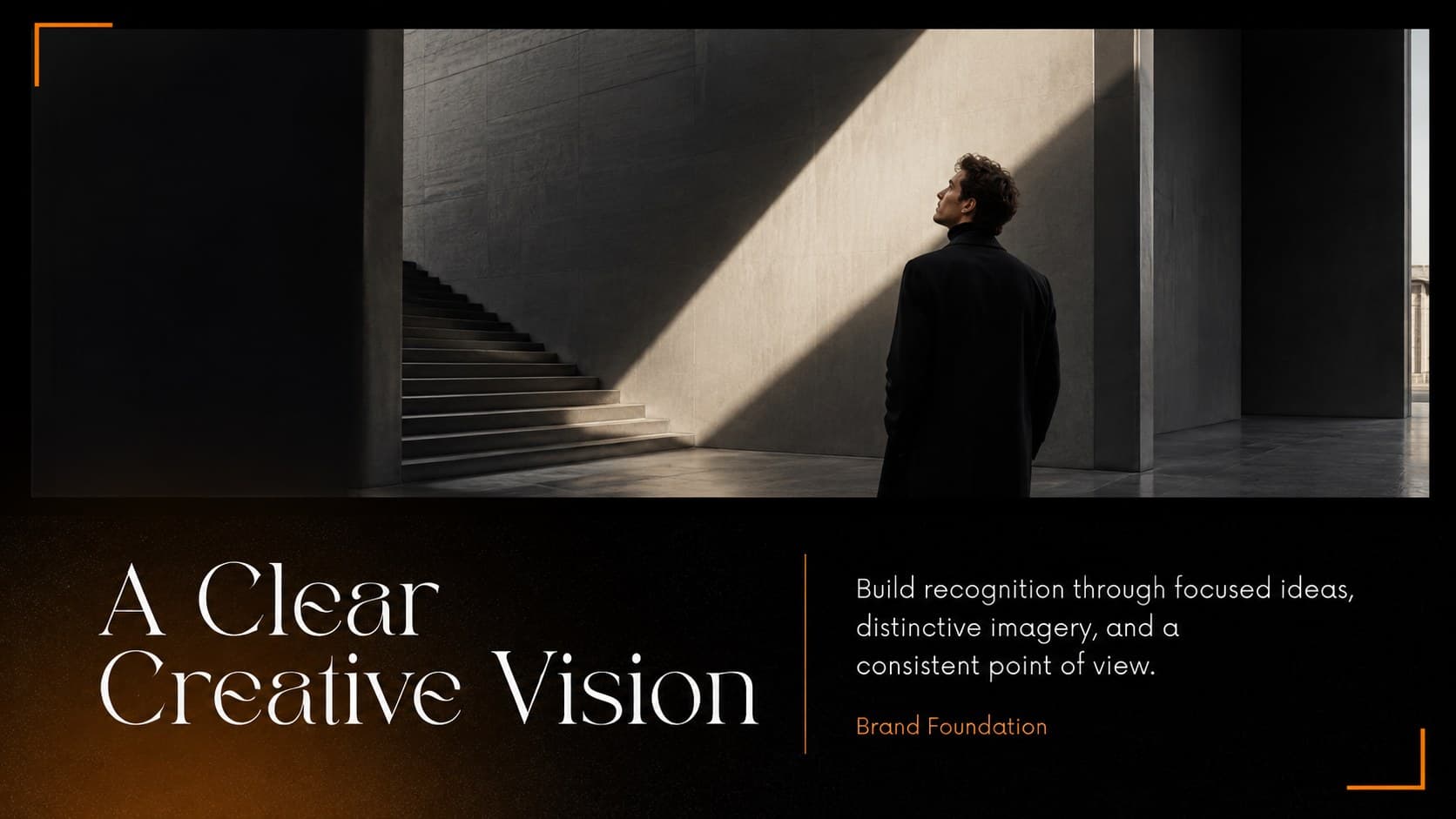 Brand vision layout from a noir editorial presentation theme with bold photography and concise copy.