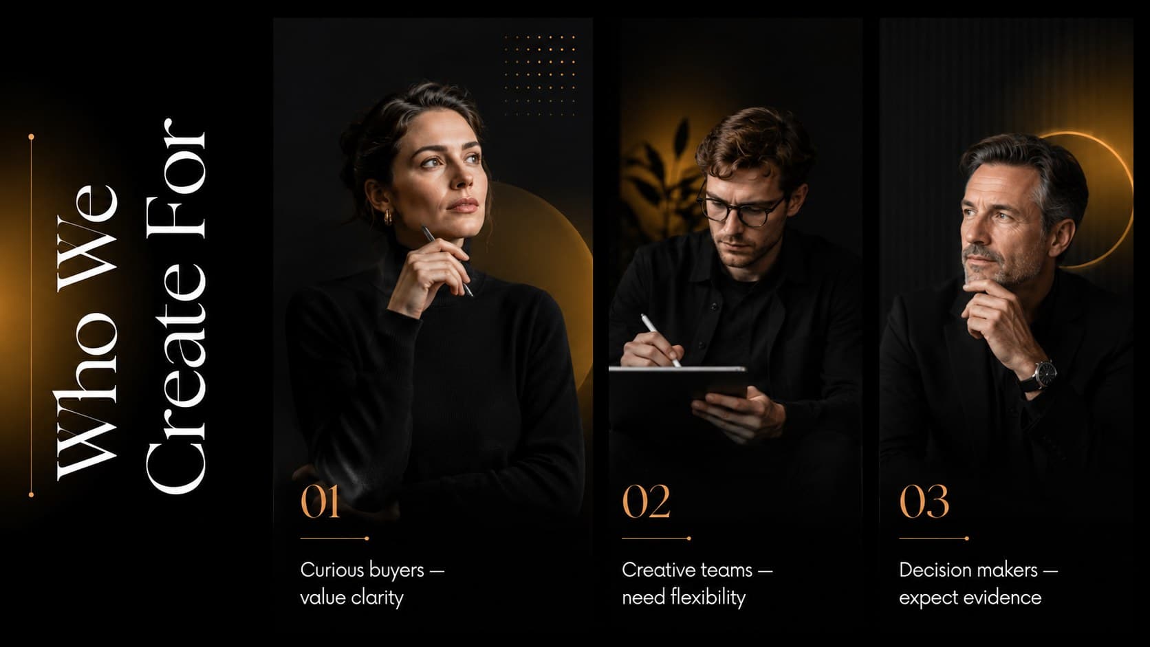 Audience profile slide using black and orange business presentation styling and editorial portraits.