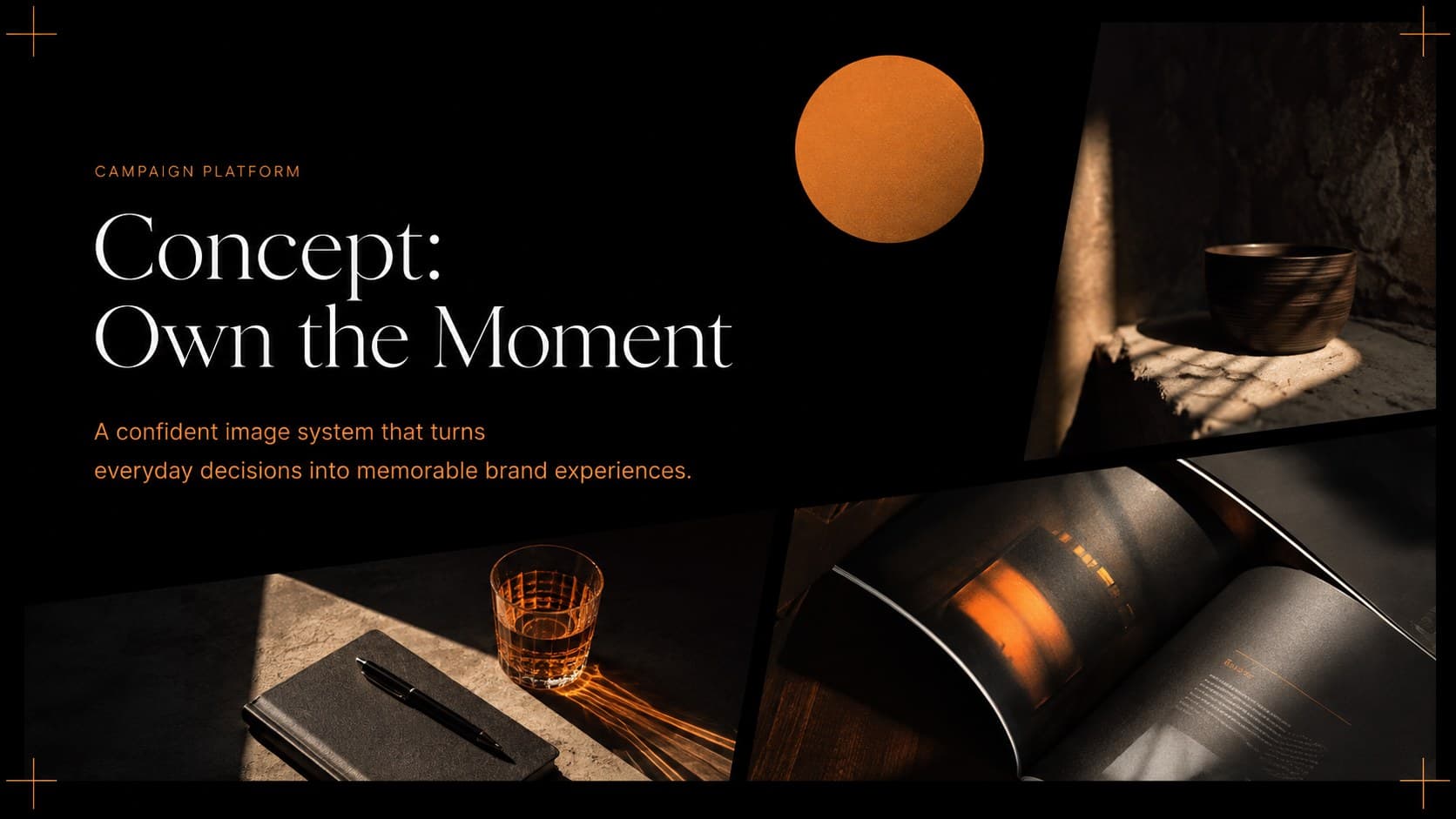 Campaign concept slide showing an editorial photography collage for a creative agency proposal.