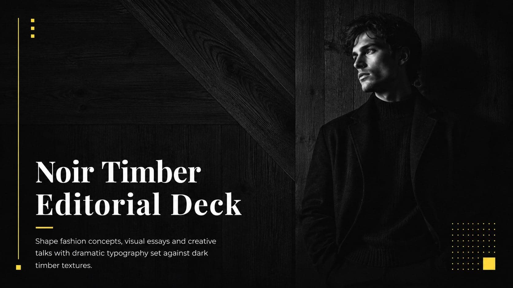 Noir timber editorial deck cover with elegant white typography, a vivid accent line and a textured black background.