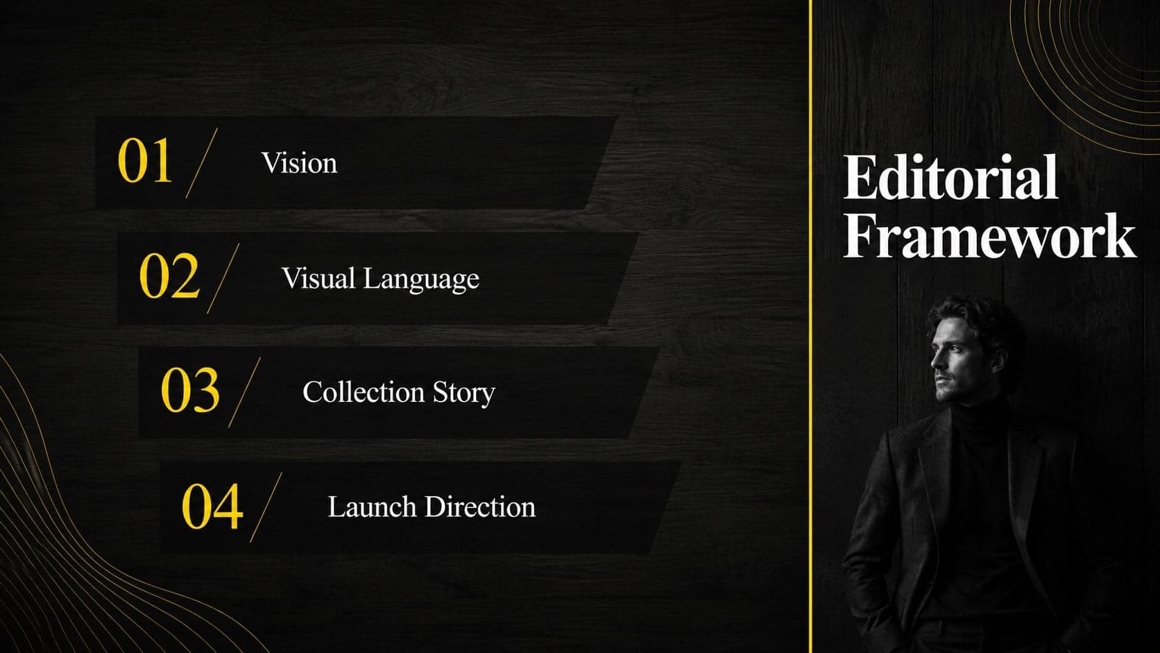 Dark editorial presentation template agenda with four numbered sections and a restrained yellow accent.