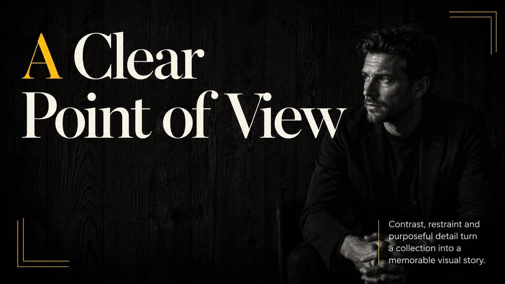 Black fashion pitch deck statement slide featuring oversized serif type and a concise creative direction message.
