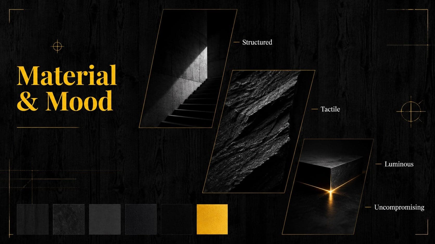 Luxury brand moodboard slide with three fashion image areas, palette swatches and dark timber styling.