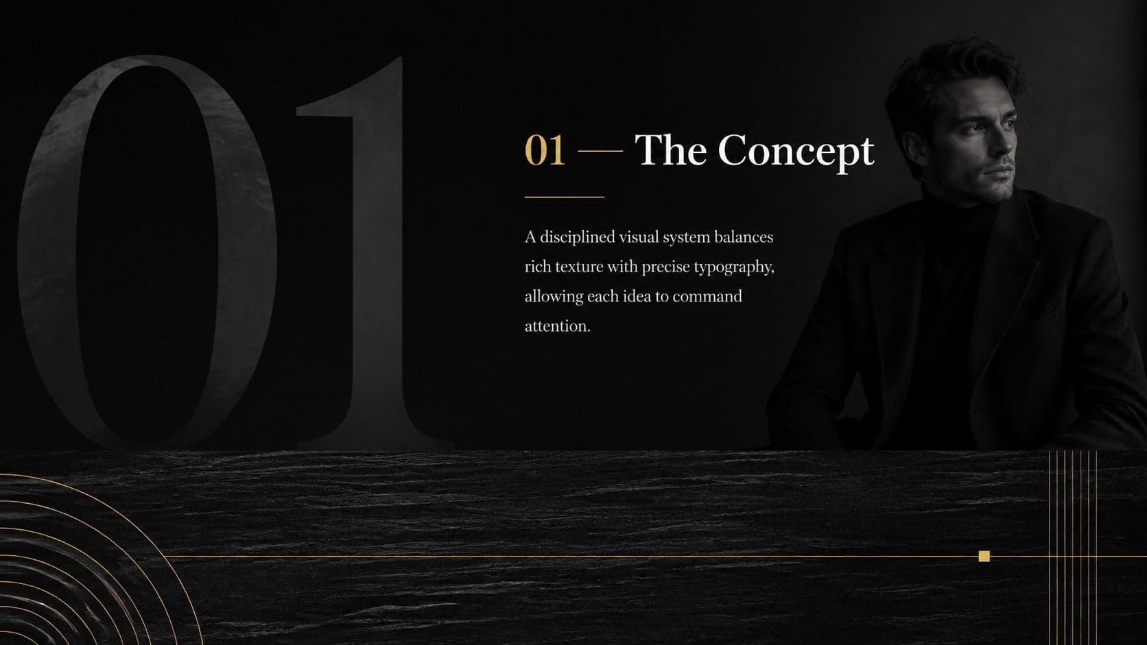 Noir timber editorial deck overview showing a concise concept paragraph beside a bold typographic numeral.