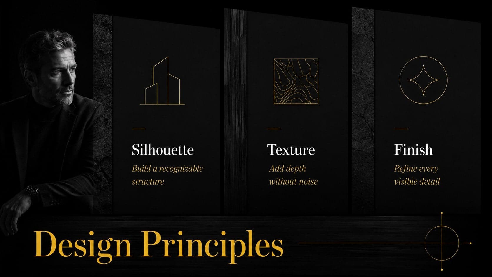 Minimal fashion presentation slide comparing silhouette, texture and finish in three editorial columns.