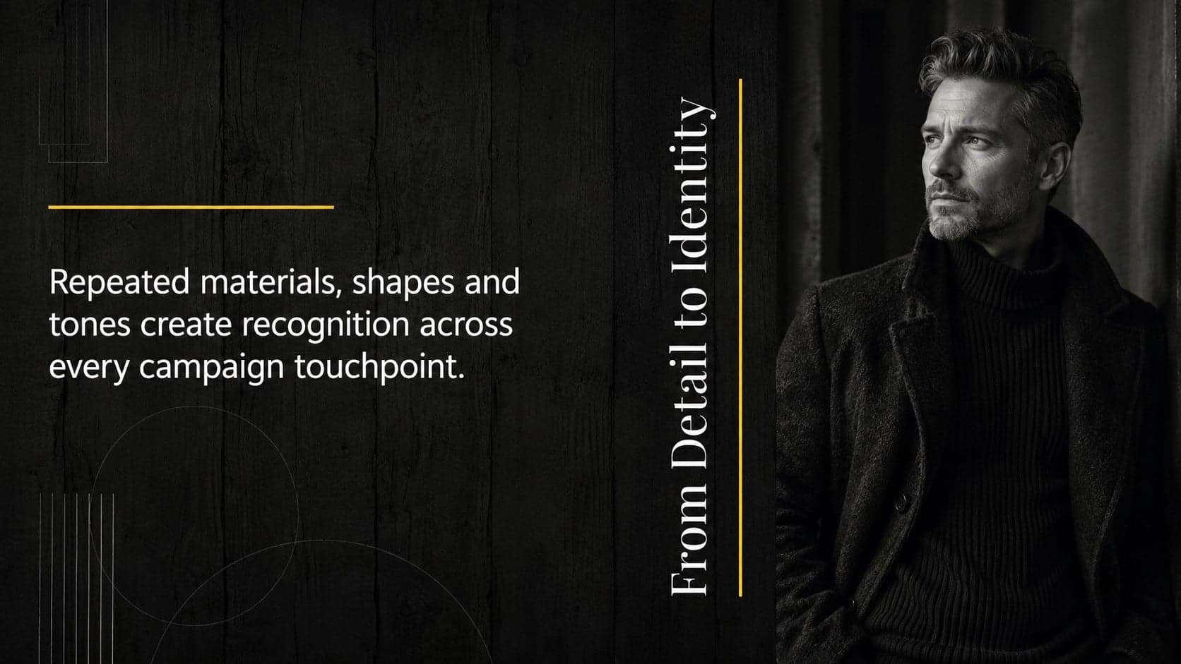 Dark wood PowerPoint theme slide with a full-height editorial photograph and concise narrative text.
