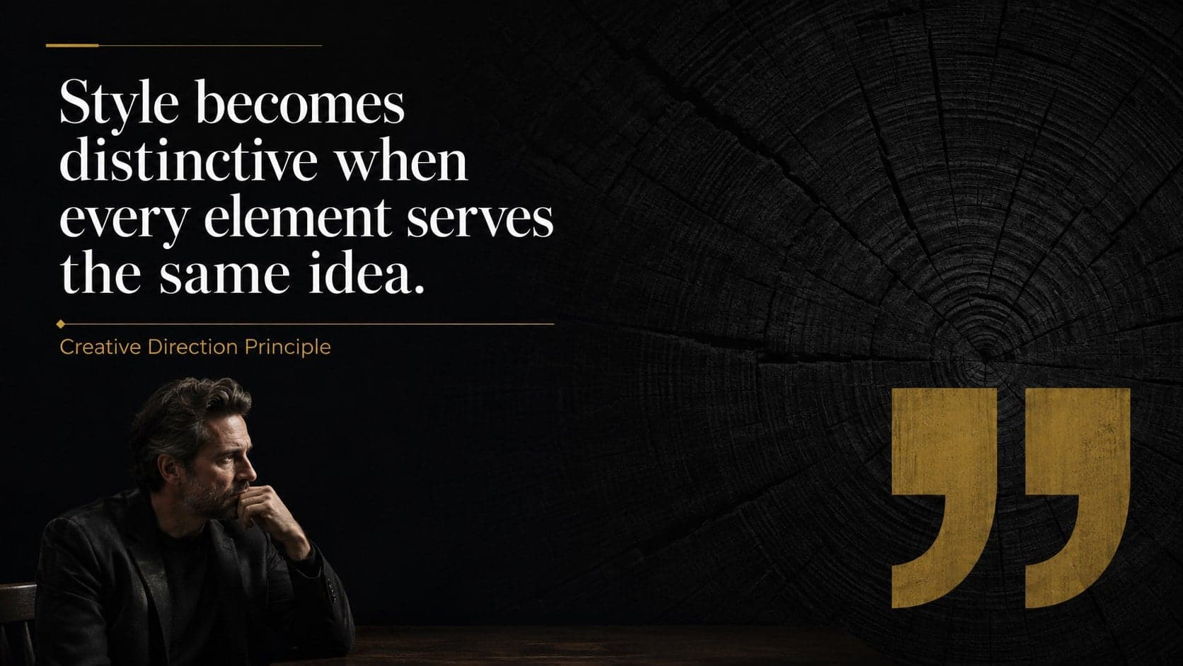 Elegant typography Google Slides deck page displaying a bold creative quotation on a black textured field.