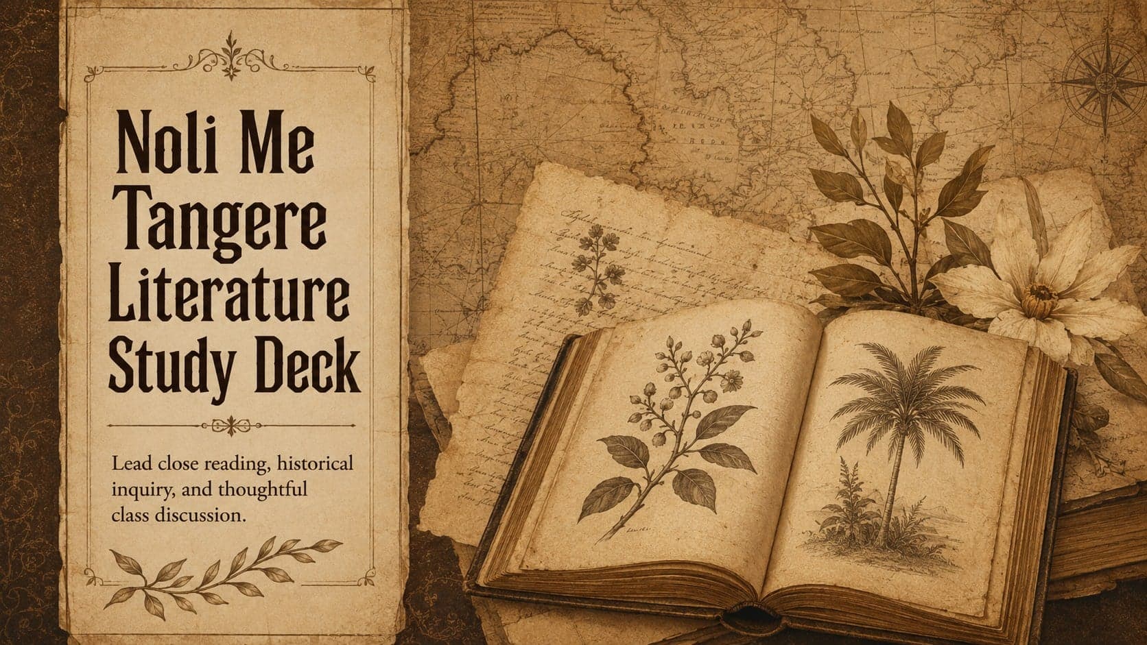 Vintage brown cover for a Noli Me Tangere literature study deck with an antique book and Philippine botanical details.