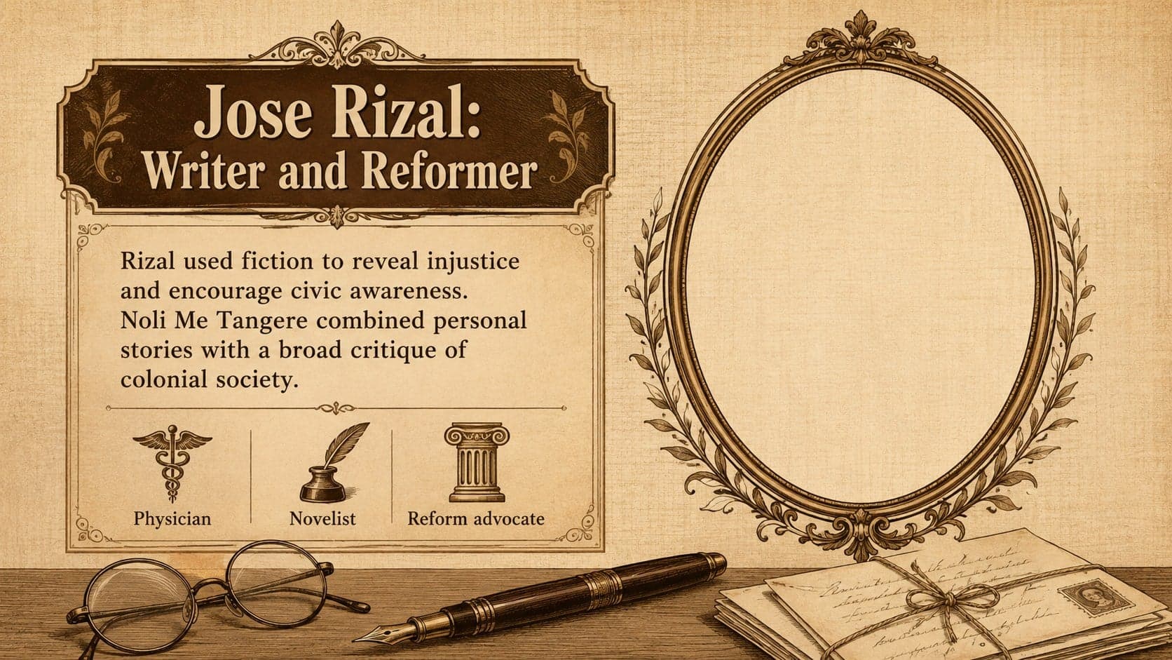 Jose Rizal author profile slide in a vintage brown novel study presentation.