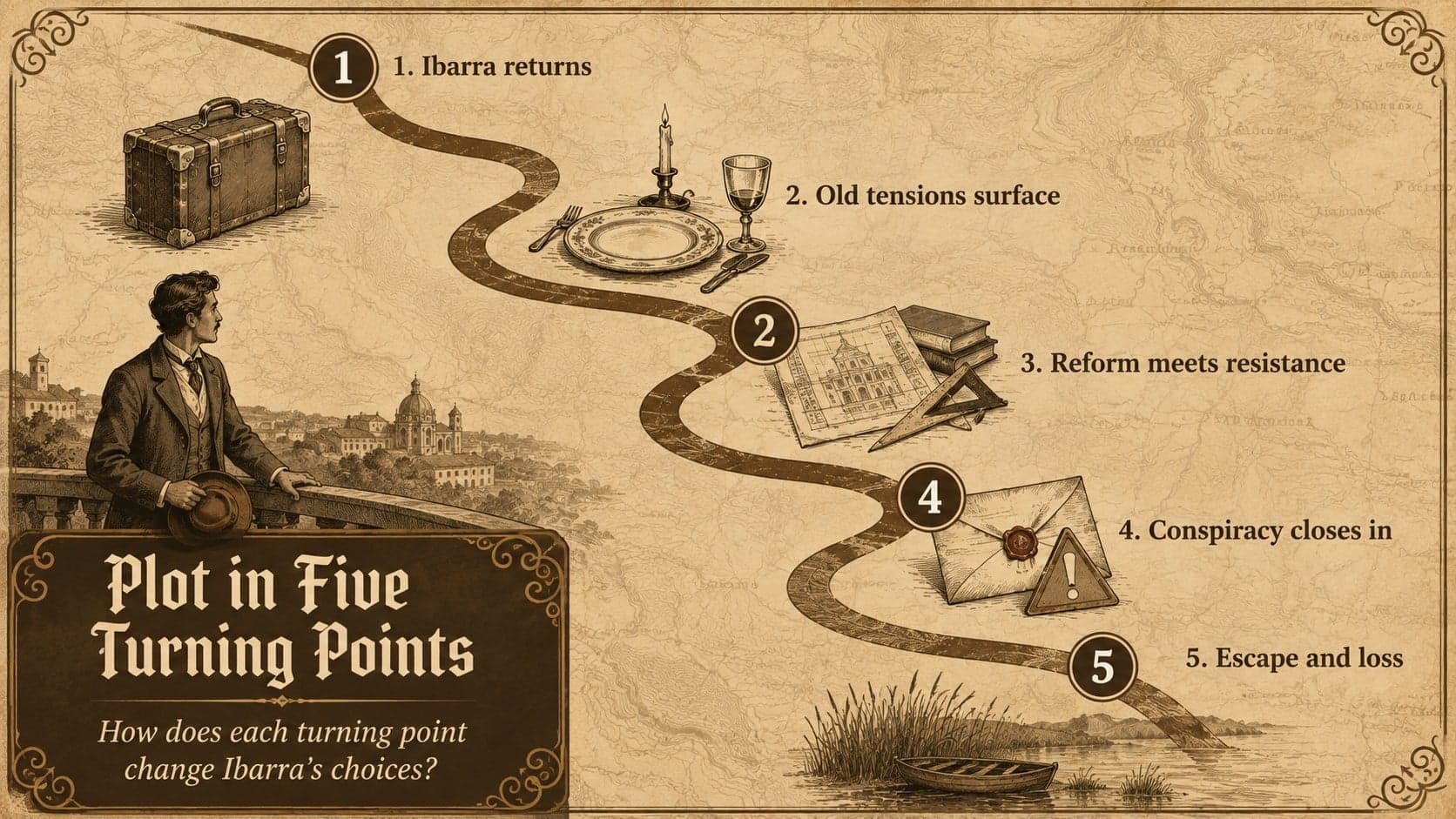 Plot sequence slide for a Noli Me Tangere book report deck with five illustrated stages.