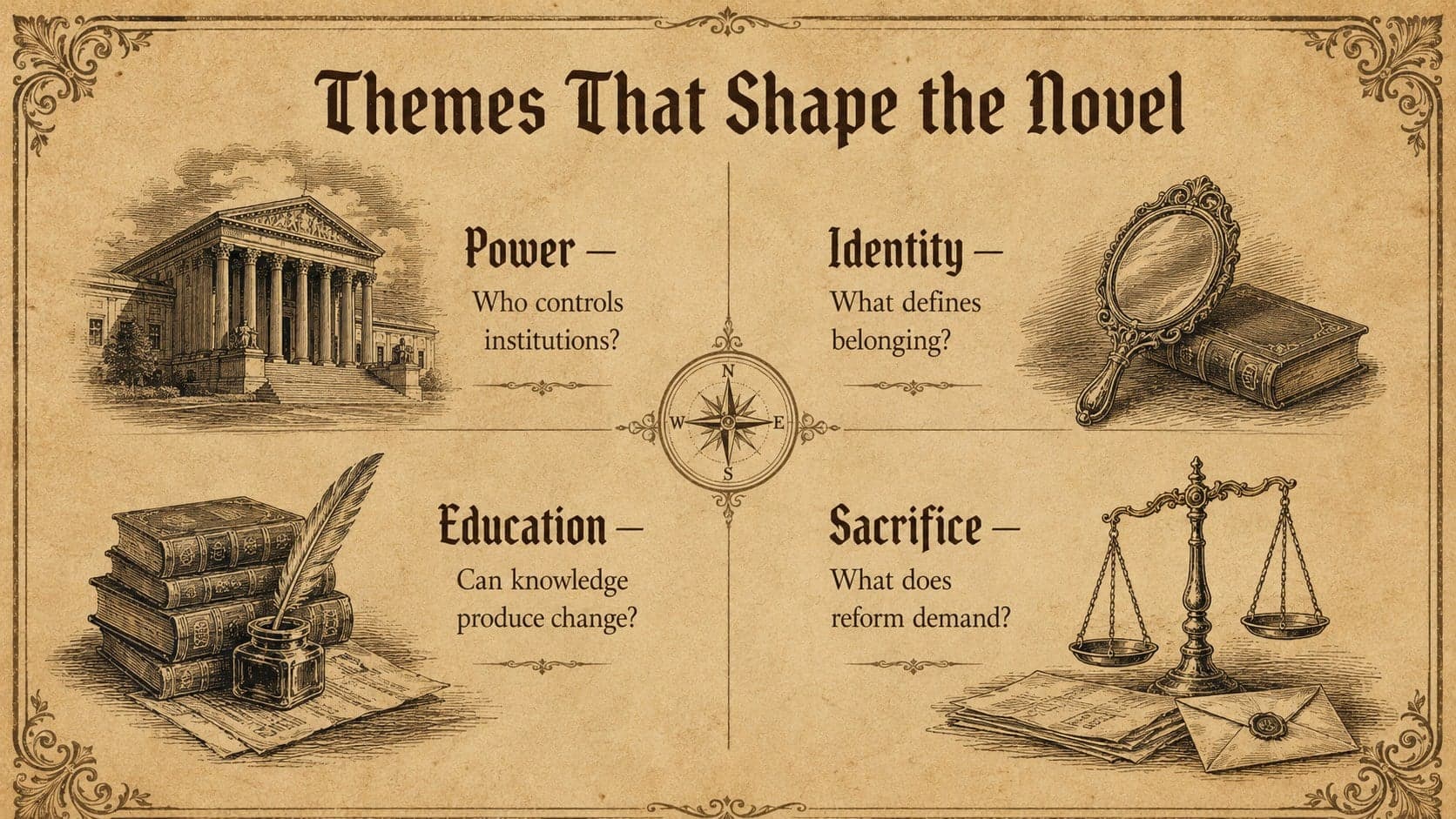Four-part thematic analysis slide for a Jose Rizal novel analysis template.