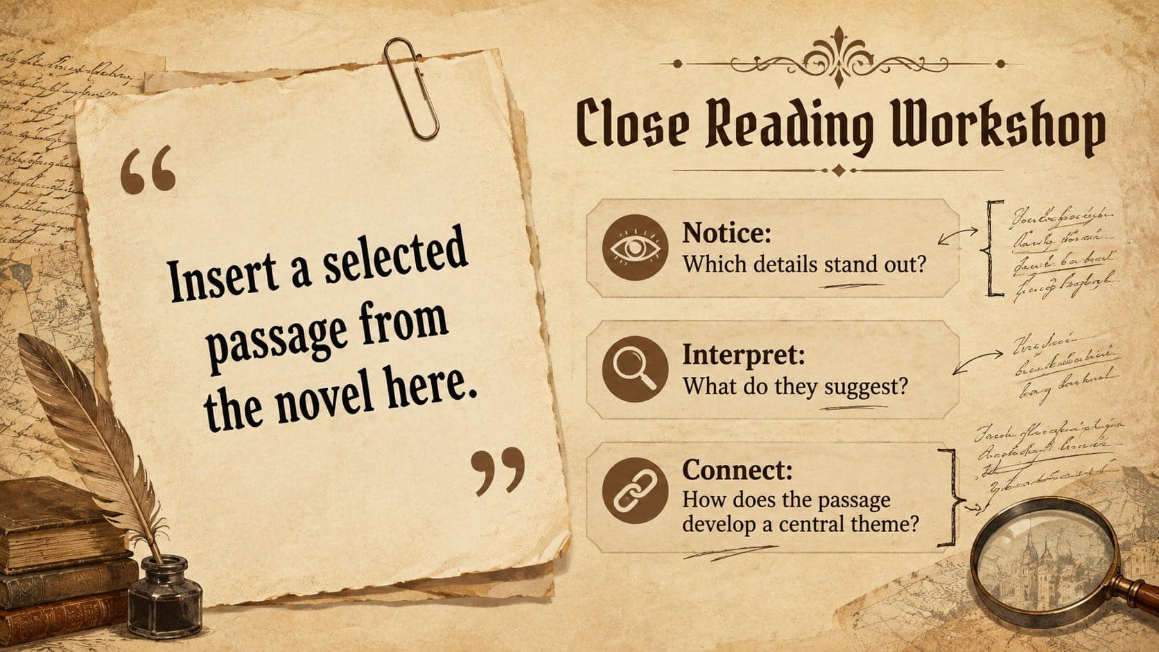 Close-reading activity slide in a brown illustrated Noli Me Tangere teaching presentation.