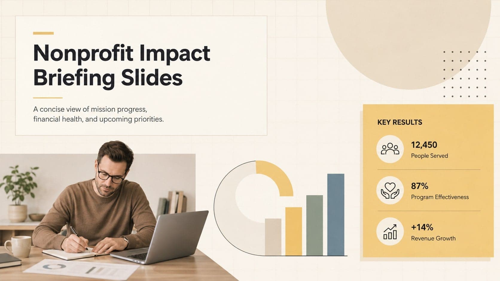 Cover for nonprofit impact briefing slides with a warm beige background, yellow colorblocks, and clean modern typography.