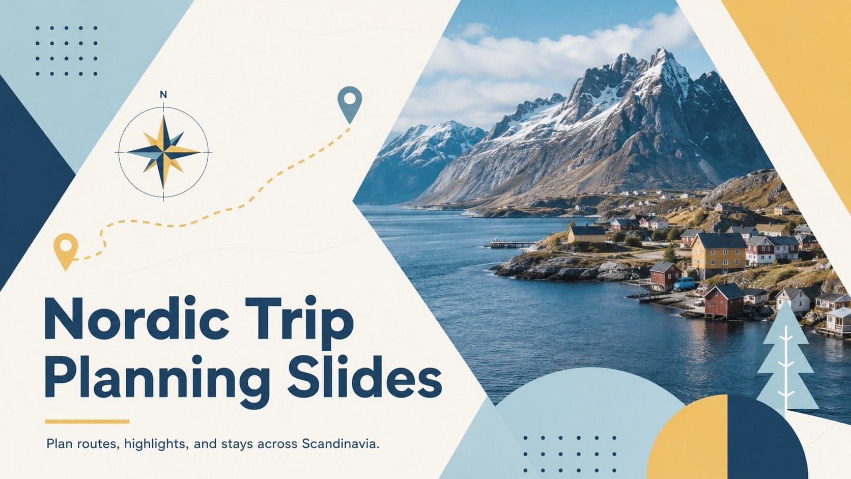 Cover for Nordic trip planning slides with bold blue and yellow geometry inspired by Scandinavian travel.