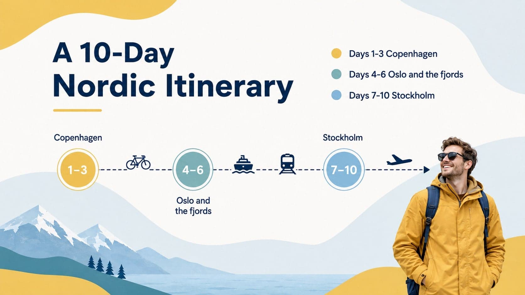 Ten-day Scandinavian vacation itinerary displayed as a clear horizontal travel timeline.