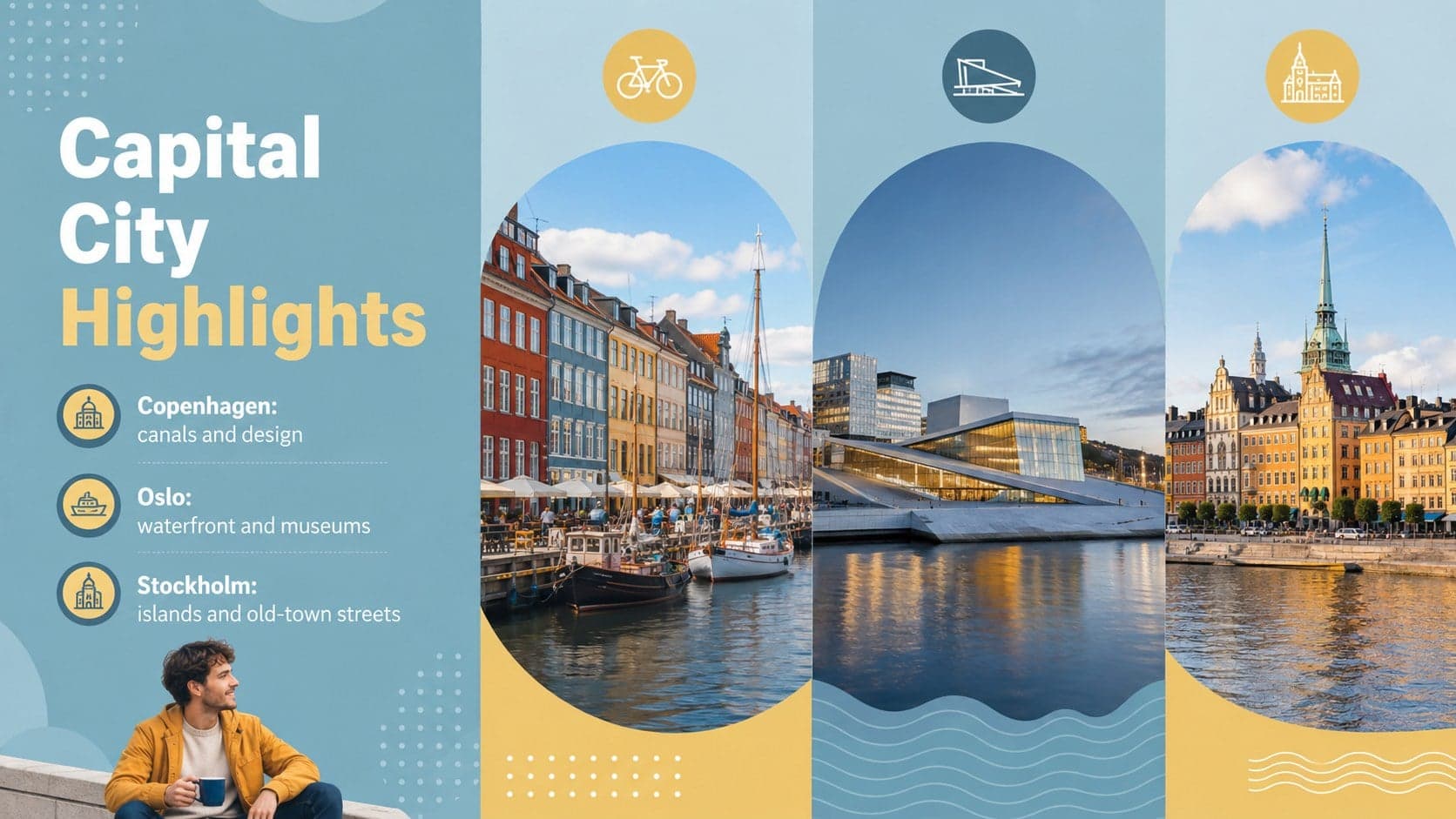 Scandinavian city guide slide comparing Copenhagen, Oslo, and Stockholm travel highlights.