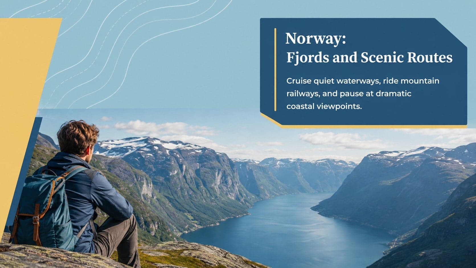 Norway destination slide featuring fjords, scenic rail journeys, and coastal viewpoints.