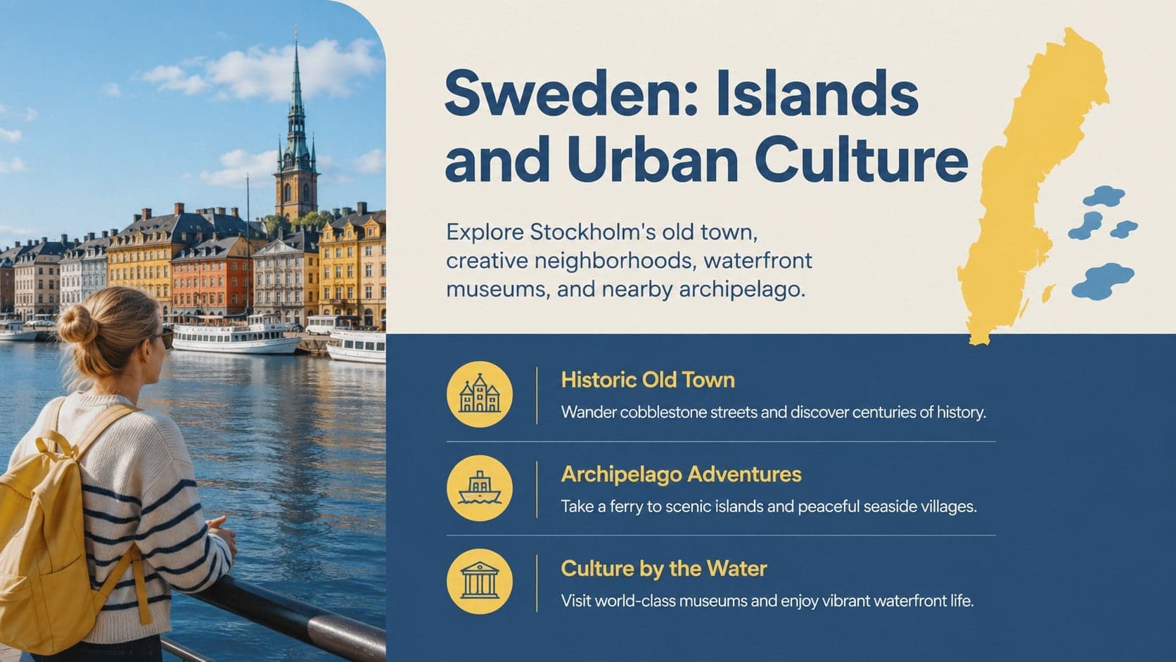 Sweden travel slide presenting Stockholm islands, creative districts, and waterfront experiences.