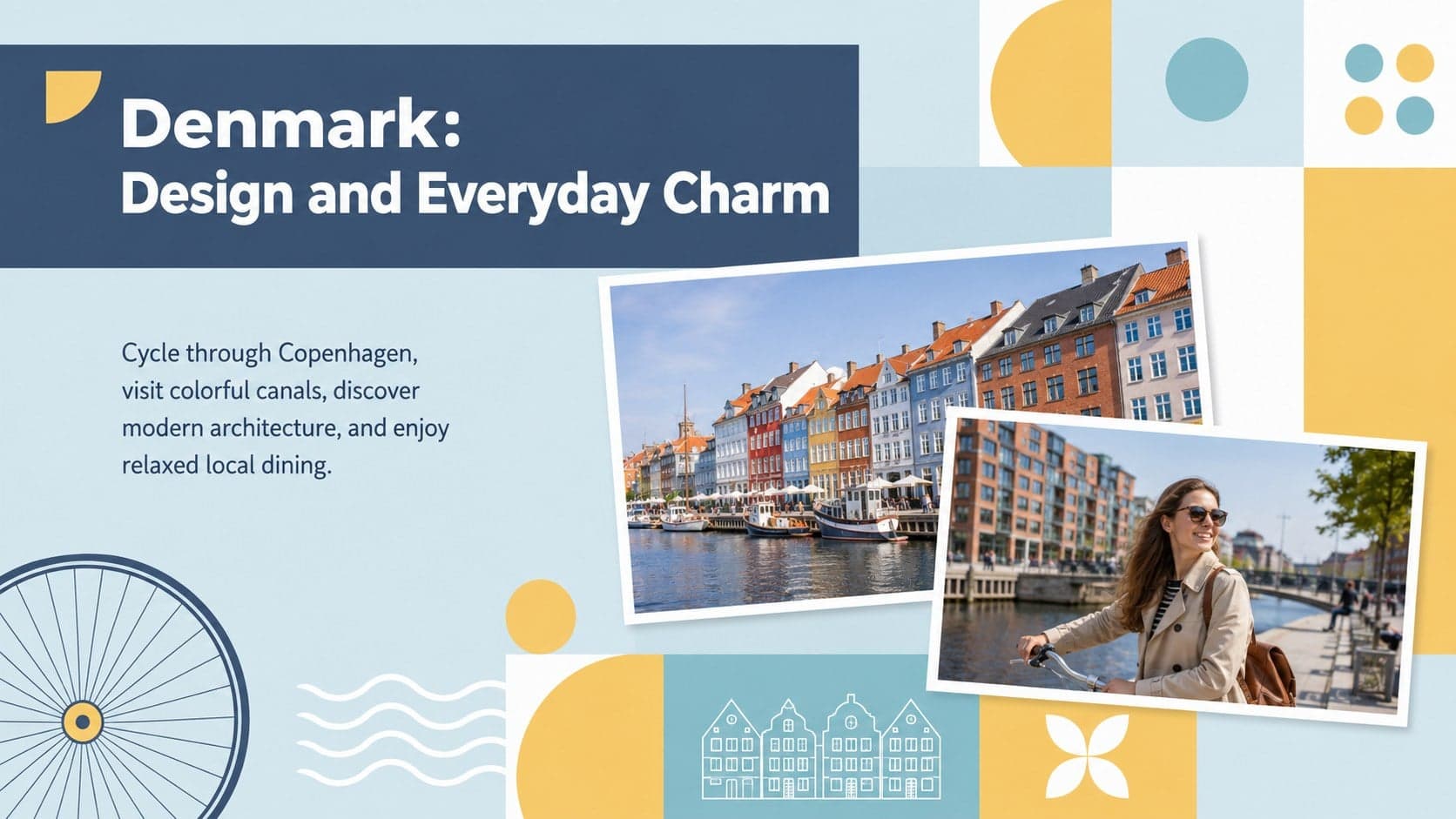 Denmark travel presentation slide showcasing Copenhagen cycling, canals, dining, and modern design.