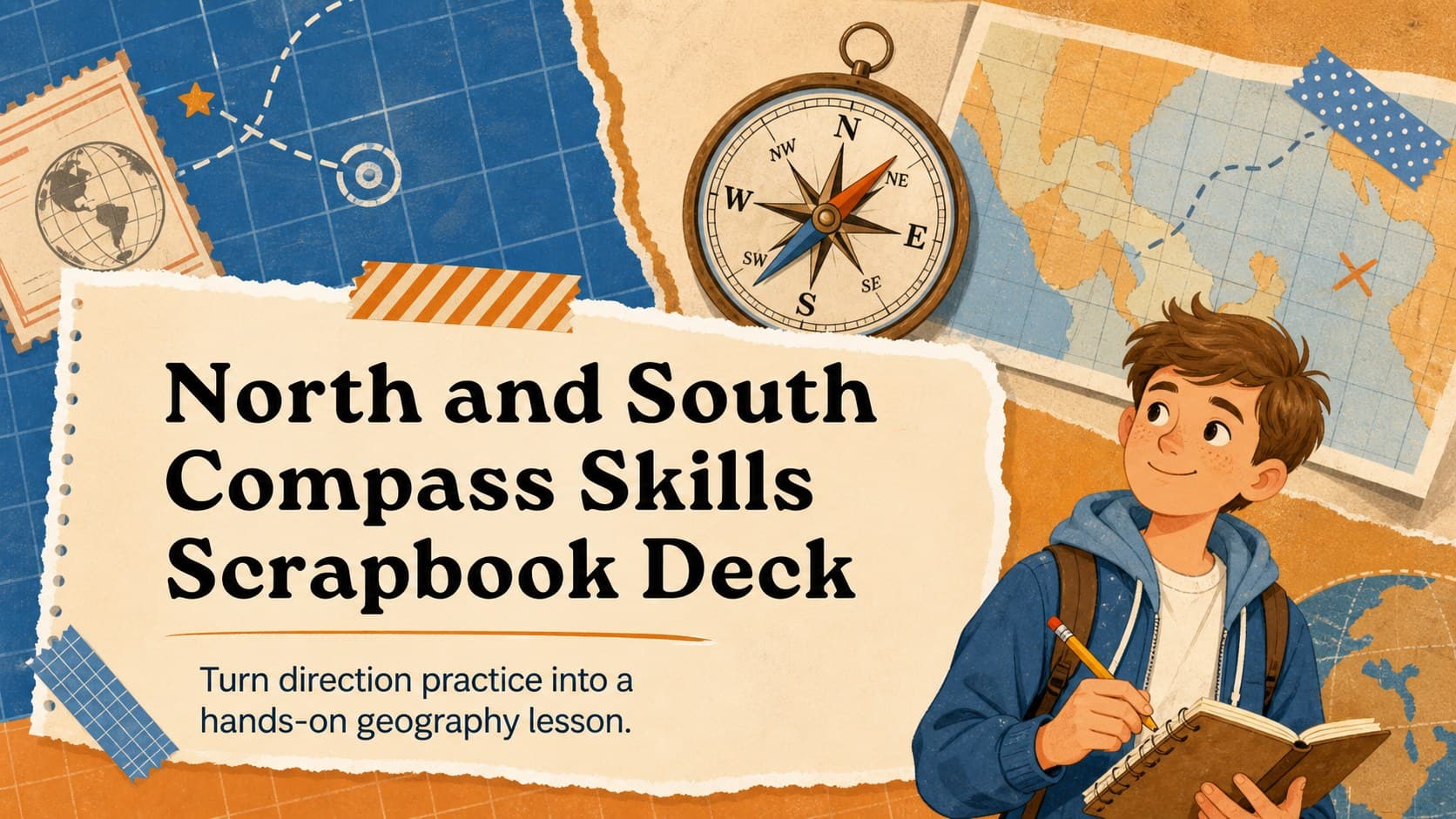 Orange and blue cover for a North and South compass skills scrapbook deck with layered paper map decorations.