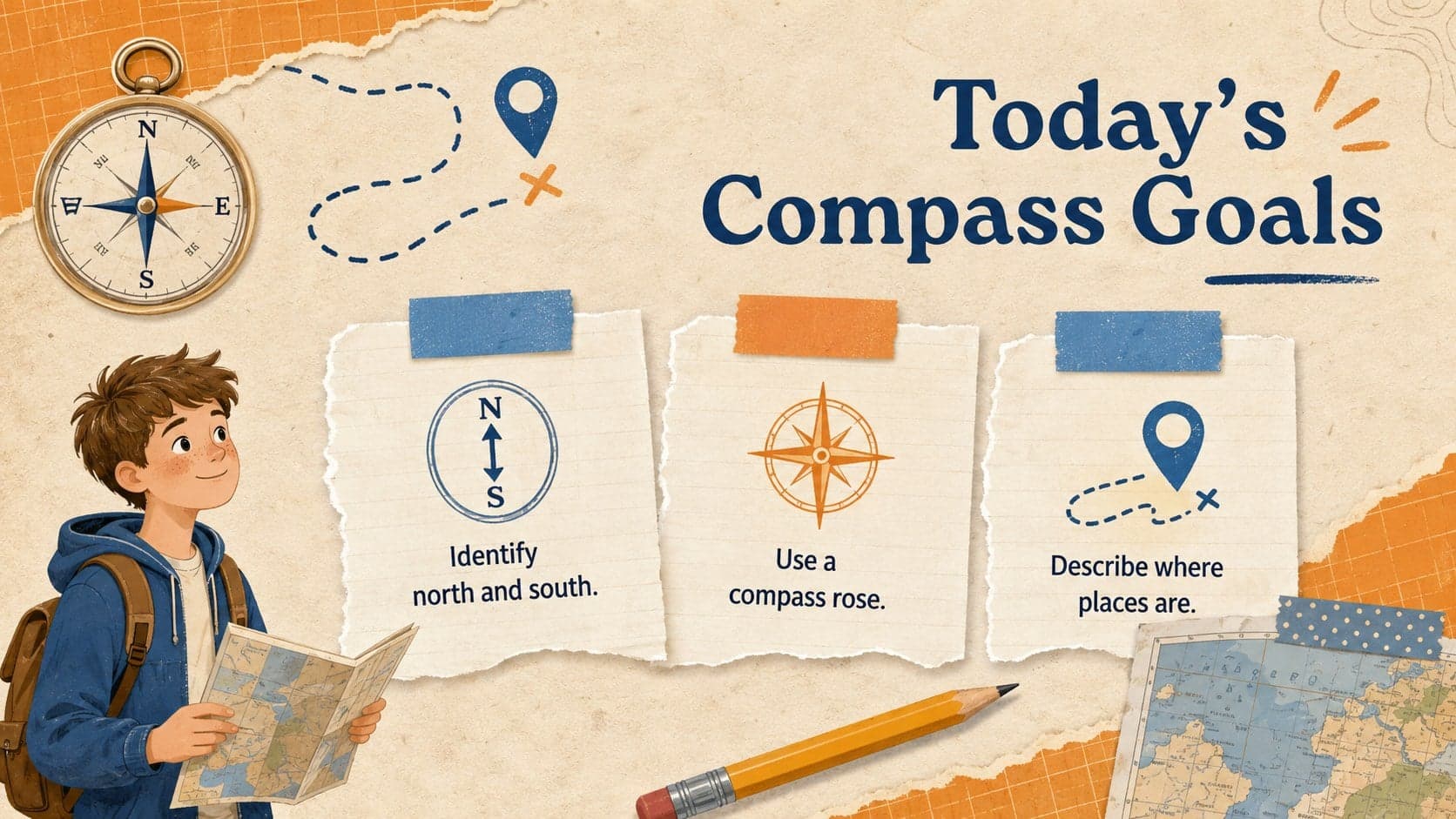 Scrapbook-style geography lesson goals slide outlining north and south compass skills.