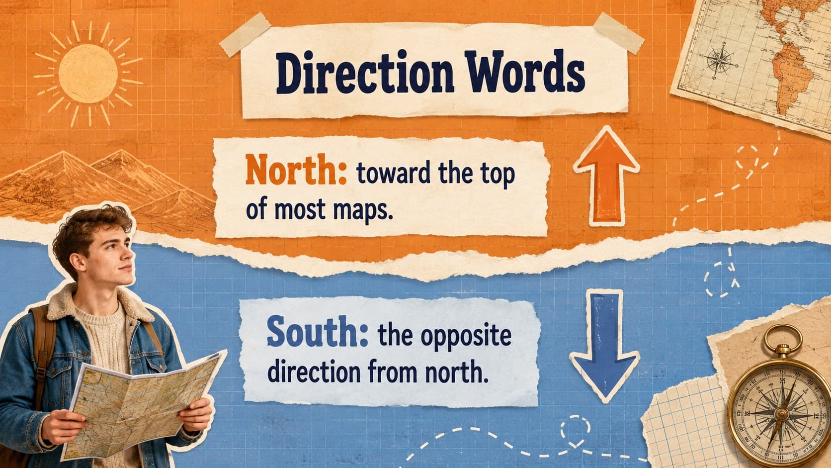 Direction vocabulary slide defining north and south for an elementary geography lesson.