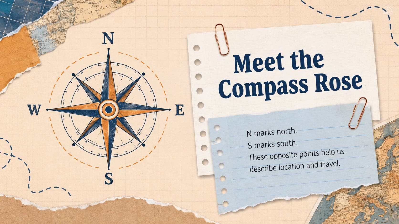 Large compass rose diagram teaching north and south in an orange and blue scrapbook style.