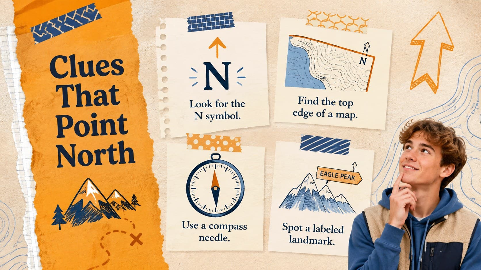 North direction clues slide featuring a map, sun, compass arrow, and scrapbook paper textures.