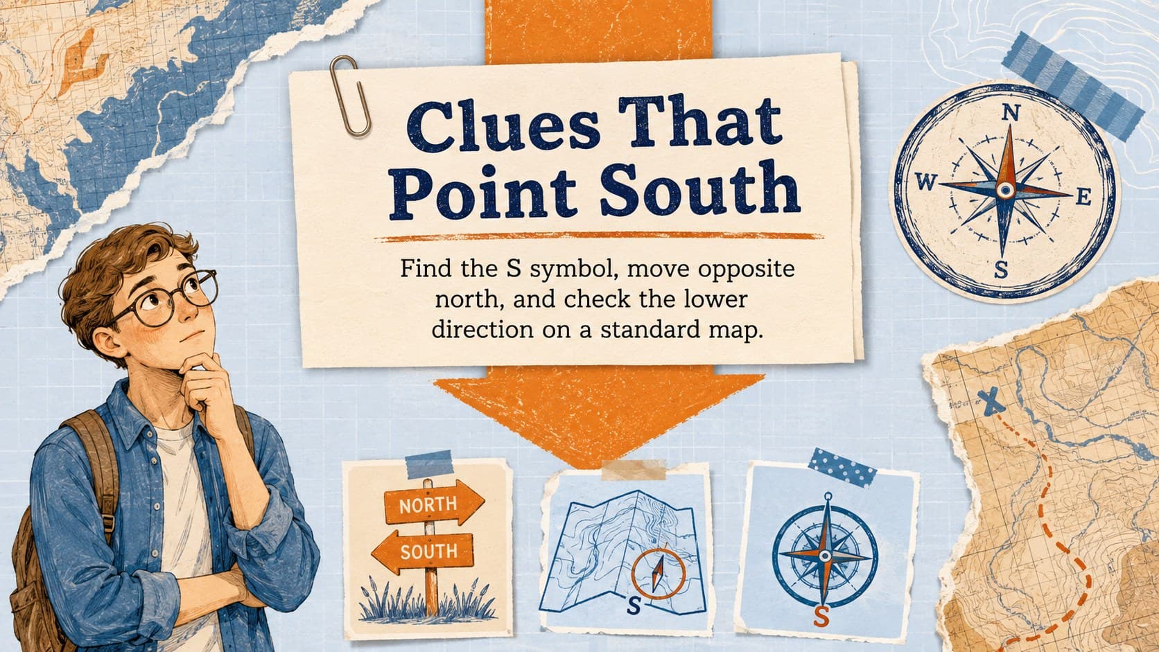 South direction clues slide with downward arrows and map symbols for a compass skills lesson.