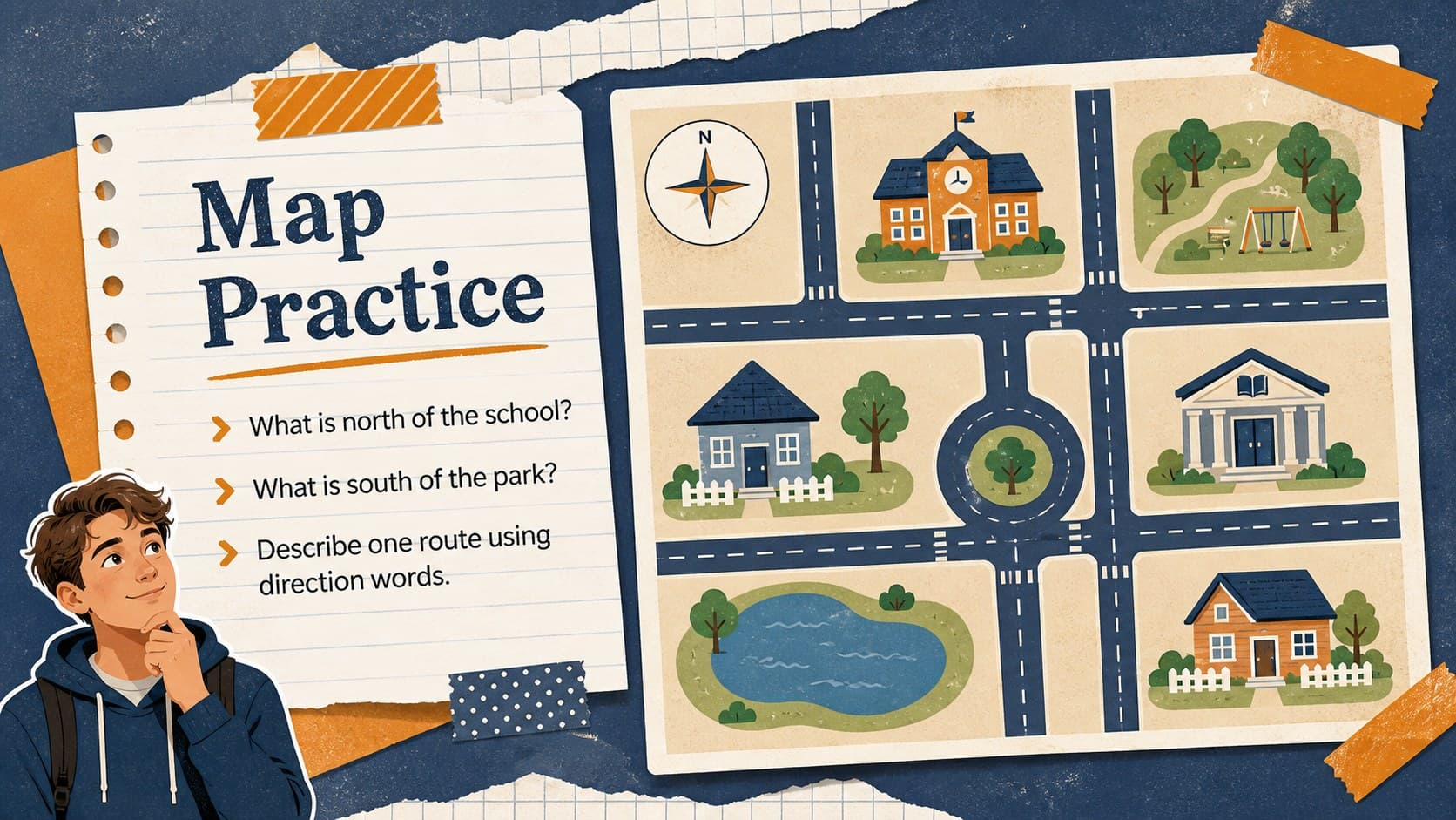 Map-reading practice slide asking students to identify places north and south of a school.