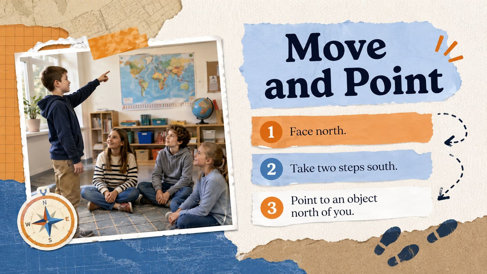 Move and point classroom activity slide for practicing north and south directions.