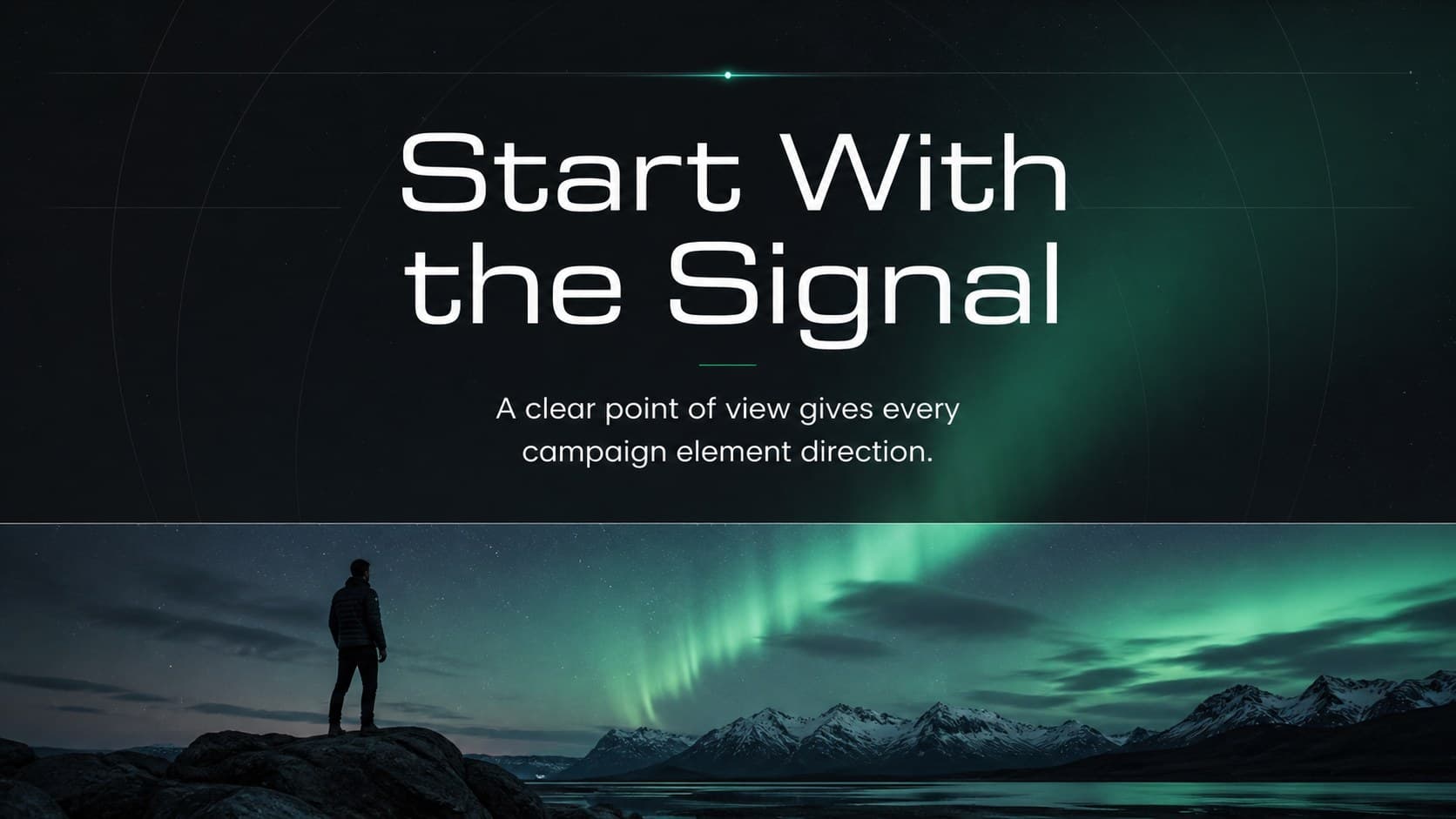 Opening statement slide introducing a dark green presentation theme through a bold aurora image and concise copy.