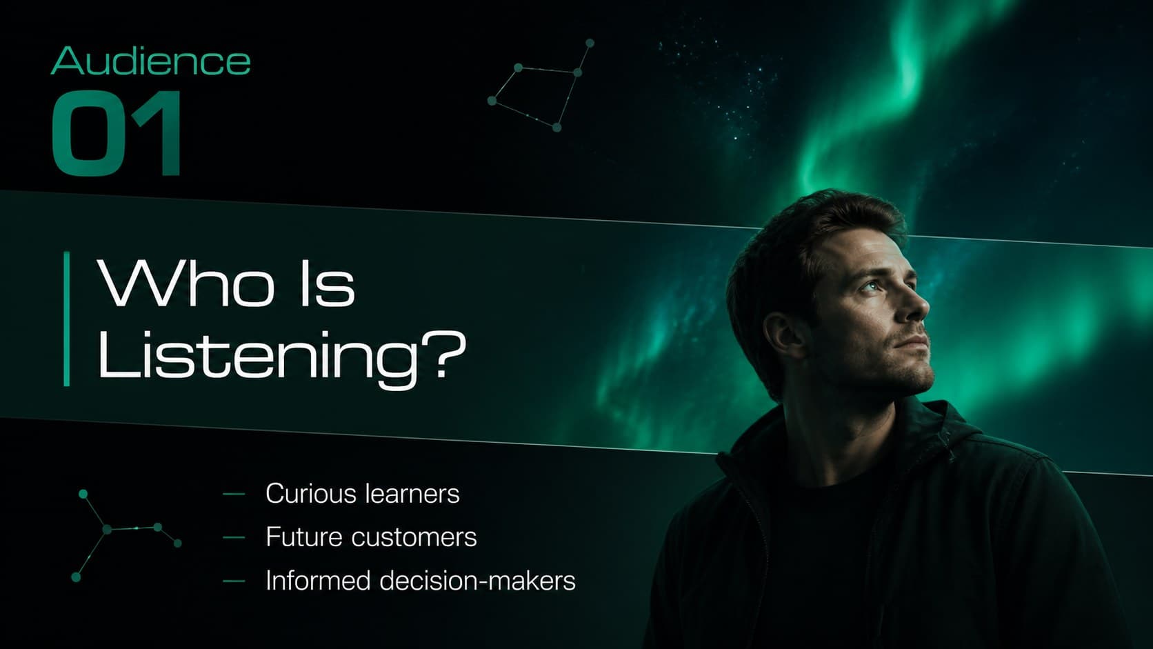 Audience profile slide for an editable astronomy marketing template with three green-highlighted audience groups.