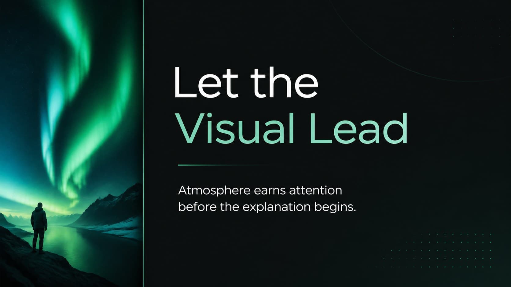 Visual storytelling slide presenting a large aurora photograph beside editorial campaign copy.