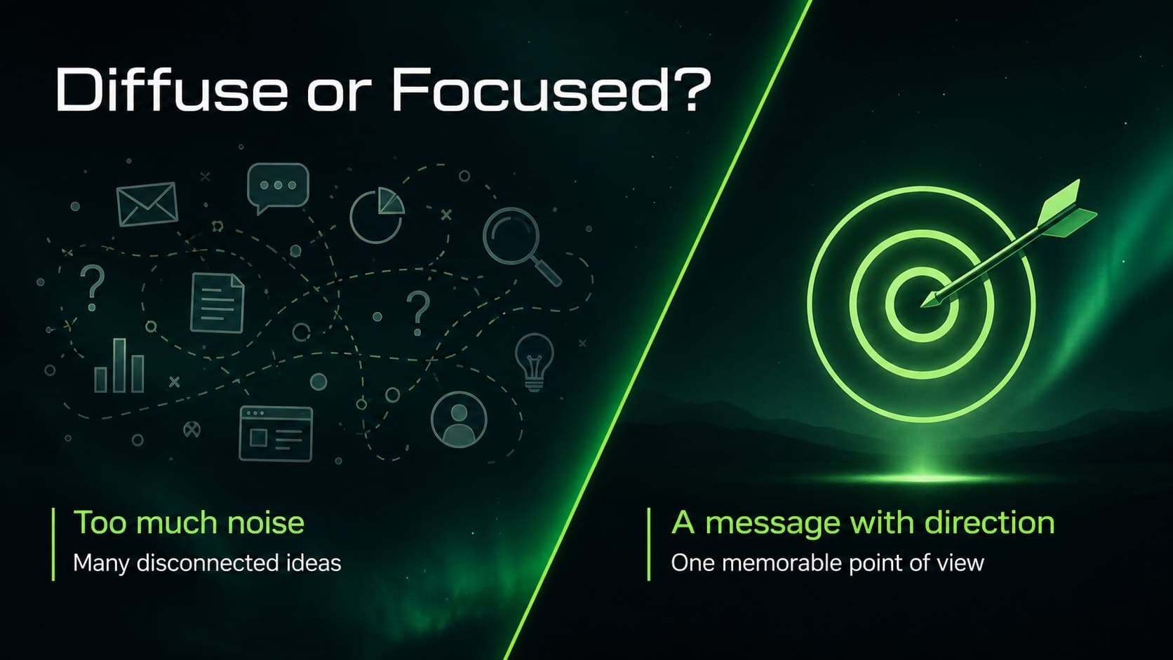Comparison slide for a green science presentation design contrasting diffuse and focused campaign messages.