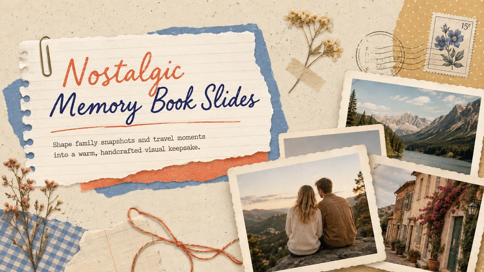 Cover of the Nostalgic Memory Book Slides with layered paper, colorful keepsake details, and framed family photographs.