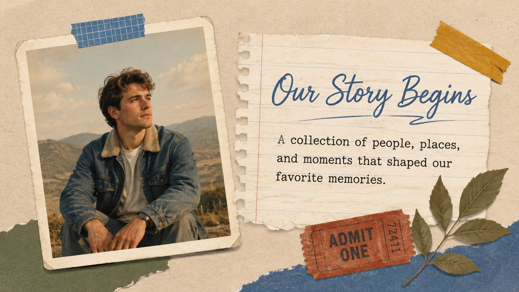Scrapbook presentation chapter opener featuring an editable portrait frame and a short introduction to the memory collection.