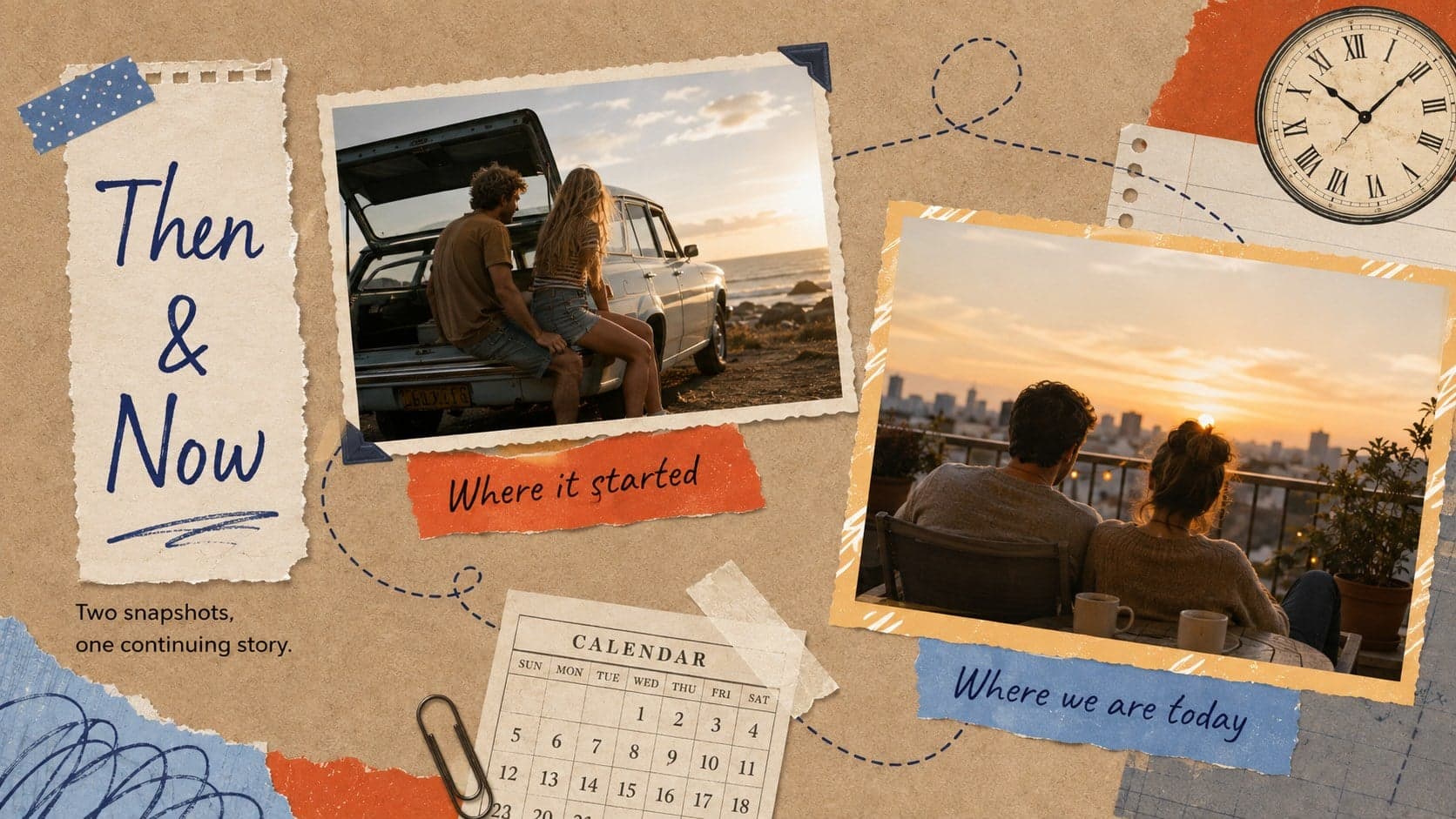 Vintage family photo slideshow template page comparing an early memory with a recent photograph.