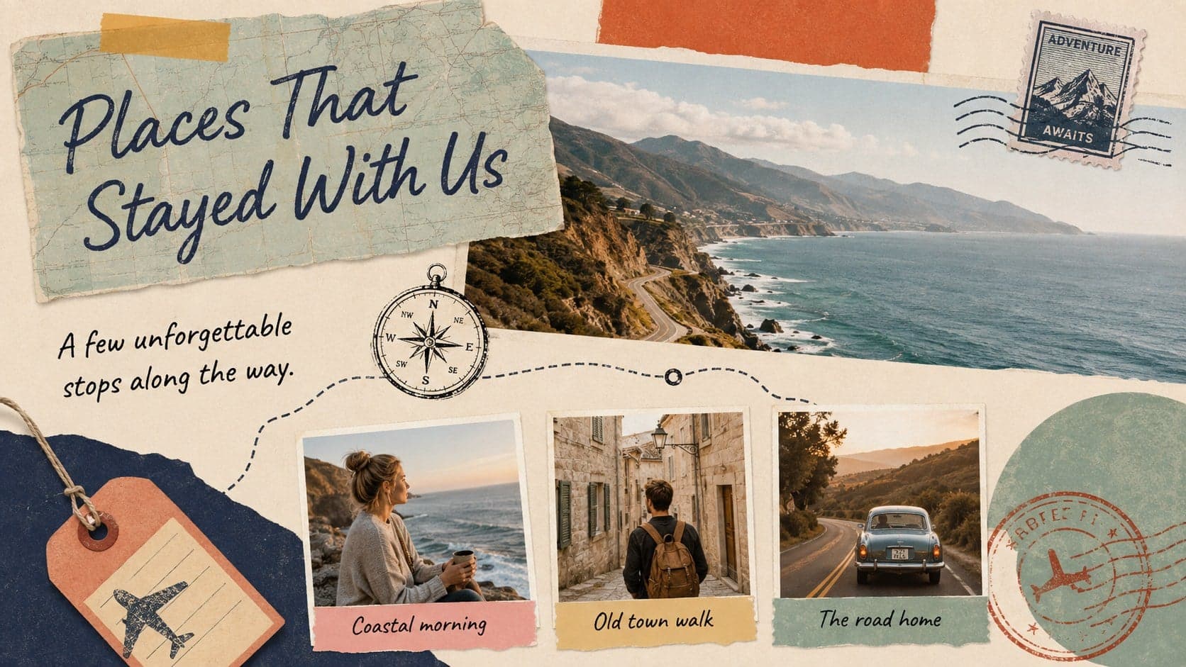 Travel photo scrapbook slides layout with destination pictures, map fragments, and handwritten trip captions.